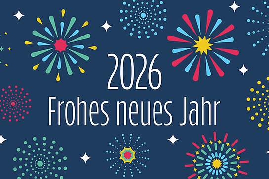 2026 Frohes neues Jahr - text in German language - Happy New Year. New Year‘s card with colorful fireworks on a blue background. 2026 Frohes neues Jahr - text in German language - Happy New Year. New Year‘s card with colorful fireworks on a blue background.