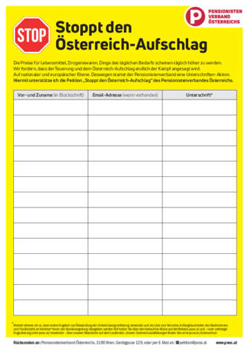 Unterschriften-Liste zum Ausdrucken Stoppt Österreich-Aufschlag