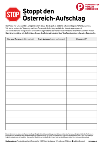 Unterschriften-Liste zum Ausdrucken Stoppt Österreich-Aufschlag